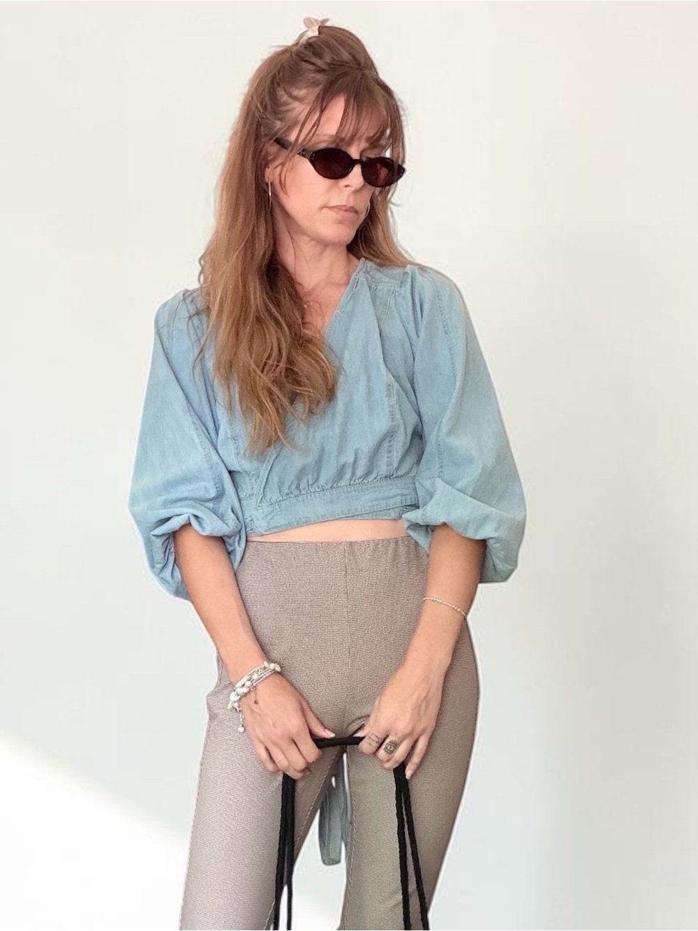 Free People - Light Wash Denim Sophie Wrap Crop Top - Balloon Sleeve - Size XS